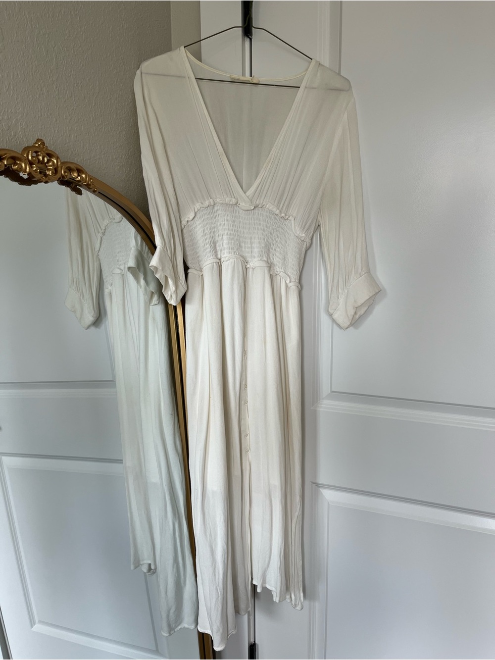 Stevie Hender White Smocked Waist Button Down Midi Dress with Side Slits